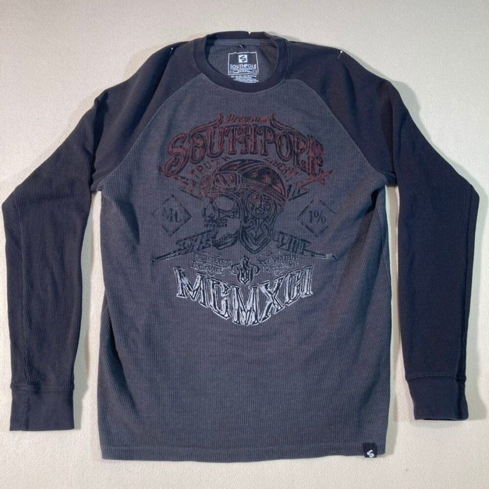 Southpole Shirt Men's XXL Black Crew Neck Long Sleeve Thermal Waffle Knit Skater